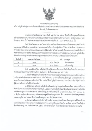 ประกาศจังหวัดสมุทรสาคร เรื่อง บัญชีรายชื่อผู้ผ่านการเลือกสรรเพื่อจัดจ้างเป็นพนักงานกองทุนส่งเสริมและพัฒนาคุณภาพชีวิตคนพิการ ตำแหน่งนักสังคมสงเคราะห์