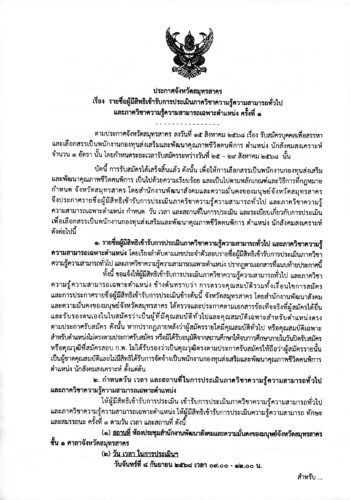 ประกาศจังหวัดสมุทรสาคร เรื่อง รายชื่อผู้มีสิทธิเข้ารับการประเมินภาควิชาความรู้ความสามารถทั่วไป และภาควิชาความรู้ความสามารถเฉพาะตำแหน่ง ครั้งที่ 1